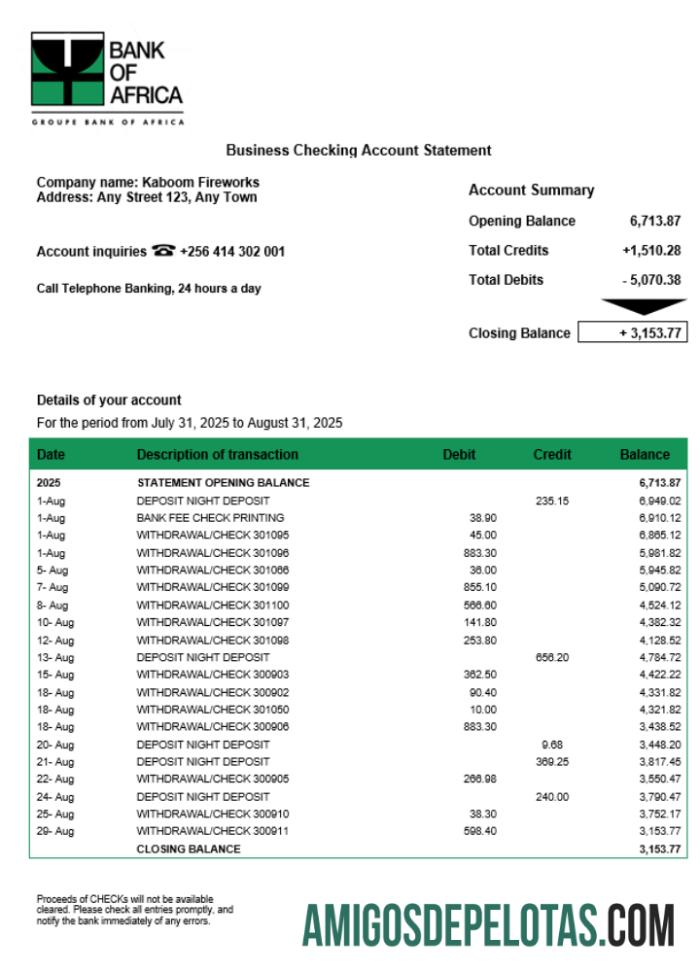 Baixável Uganda Bank Of Africa Firm modelo de extrato de conta Word e PDF